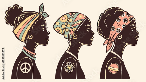Three Stylish African American Women Profiles Wearing Headwraps Modern Illustration for Diversity Fashion and Empowerment Content