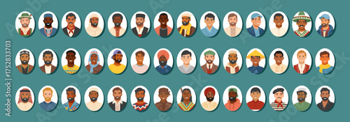 Set of men's portraits of different world nationalities. Big set of diverse male avatars in national and modern clothing - multicultural portraits collection. Vector cliparts in flat style.