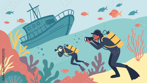 Scuba Divers Exploring Sunken Shipwreck and Coral Reef. Underwater Photography for Adventure Travel, Marine Biology, and Ocean Conservation