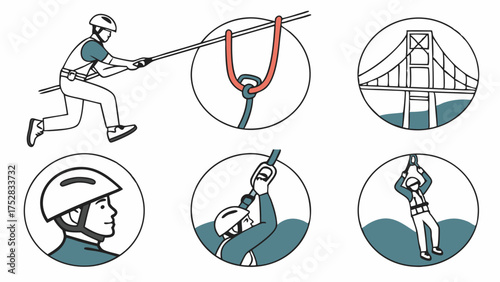 Zip Lining Adventure Vector Illustrations. Thrilling Outdoor Activity, Safety Gear, Harness, Helmet, Cable, Bridge. Fun Travel Recreation.