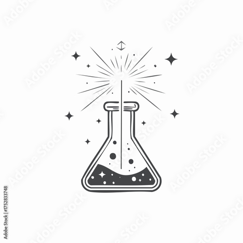 Stylized Laboratory Flask with Sparkling Liquid and Rays.