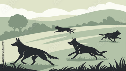 Dynamic Pack of Dogs Running Fast Across Grassy Hills Vector Illustration for Pet Care Agility Training and Outdoor Lifestyle