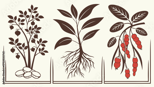 Vintage Vector Botanical Plant Illustrations Berries Roots Pods for Natural Organic Food and Herbal Health Product Design