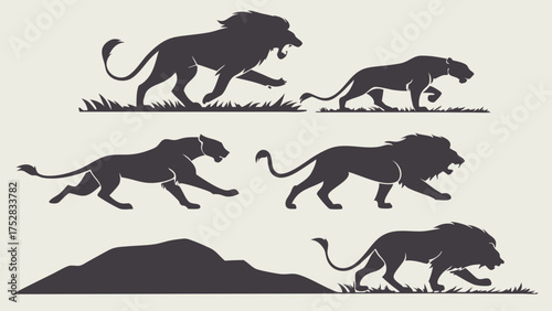 Powerful Lion and Lioness Silhouettes Running Walking Stalking Dynamic Vector Illustrations for Sports Logos Branding Wildlife Design and Business Strength