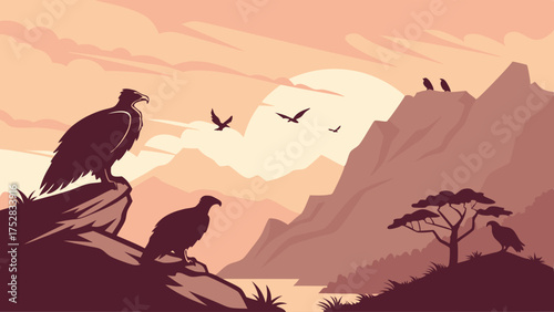 Majestic Birds of Prey Silhouette Perched on Rocky Mountains at Sunset. African Wildlife Vector Illustration for Nature Travel, Conservation, and Web Design.