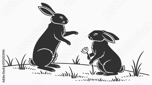 Sweet Black Rabbits Offering Flower in Spring Grass Illustration for Friendship Love and Nature