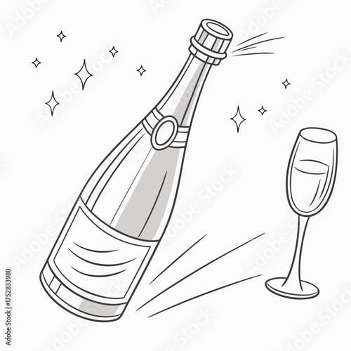 A celebratory champagne bottle is opened with a splash and a glass of bubbly sits nearby surrounded by sparkling stars