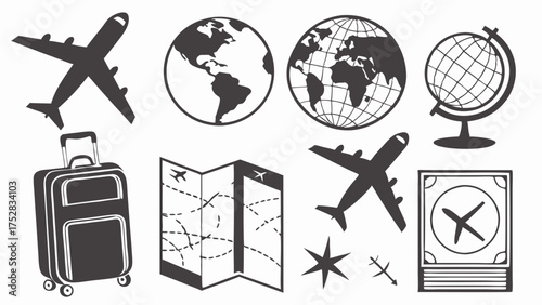 Travel Icons Set with Airplanes Globes Suitcase Map for Global Journey Planning Vacation Adventure Tourism Marketing and Web Design