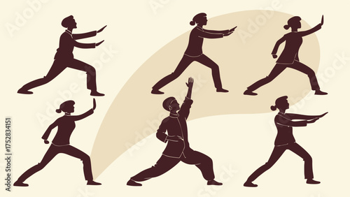 People Practicing Tai Chi Silhouettes for Holistic Wellness, Balance, Stress Relief, and Mindful Exercise