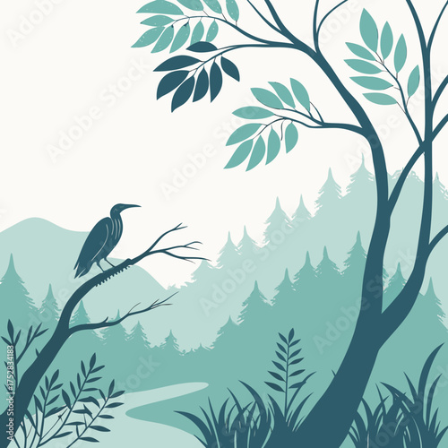 A solitary heron perches on a tree branch overlooking a serene forest landscape with rolling hills and a winding river