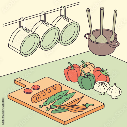 A kitchen scene featuring fresh vegetables bread and cooking utensils arranged on a countertop with hanging mugs and a pot of spoons