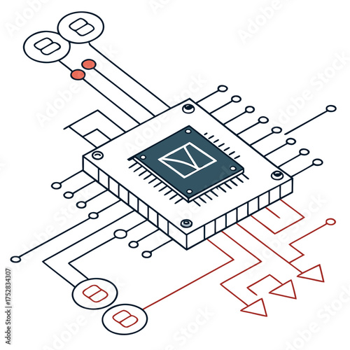 Abstract illustration of a central processing unit with interconnected circuits and cryptocurrency symbols representing digital finance and technology