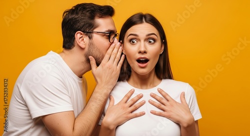 A man whispers a shocking secret to a woman who reacts with surprise, symbolizing word-of-mouth marketing, viral news, or exclusive product announcements.