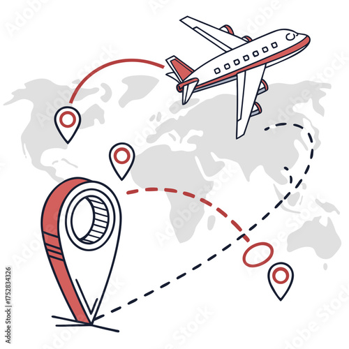 Airplane traveling across a stylized world map with red and blue dotted lines connecting location pins representing travel routes and destinations