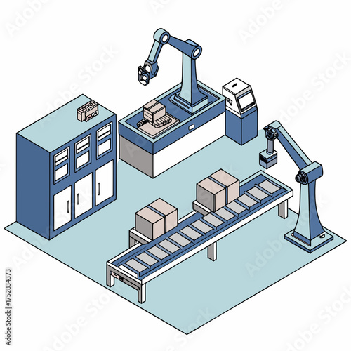 Automated factory production line with robotic arms assembling products and moving boxes on a conveyor belt in an isometric view