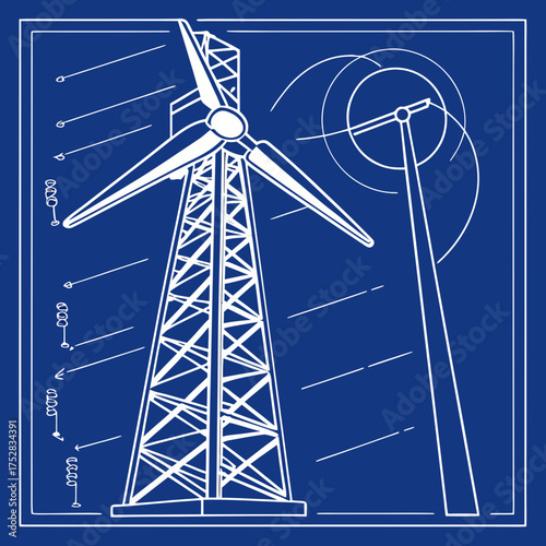 Blueprint illustration of wind turbines and electrical tower with measurement lines and annotations on a blue background representing renewable energy technology