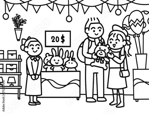 A young man buys a doll for a young woman