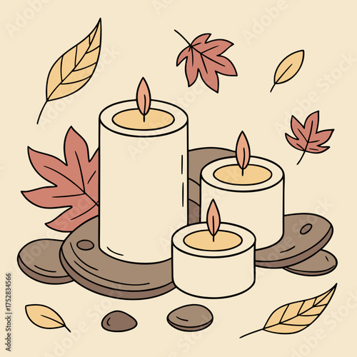 Cozy autumn scene with three lit pillar candles surrounded by fallen leaves and smooth stones on a warm beige background