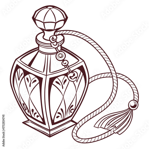 Elegant antique perfume bottle with decorative tassel and ornate glass detailing a vintage fragrance accessory