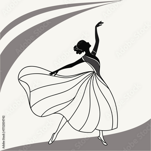 Elegant silhouette of a ballerina in a flowing dress performing a graceful ballet pose with a stylized background