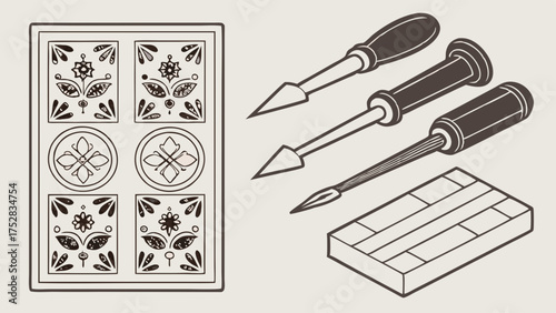 Artisan Wood Carving Tools and Intricate Decorative Patterns. Crafting Detailed Designs for Handmade Art, Creative DIY Projects, and Traditional Workshops.