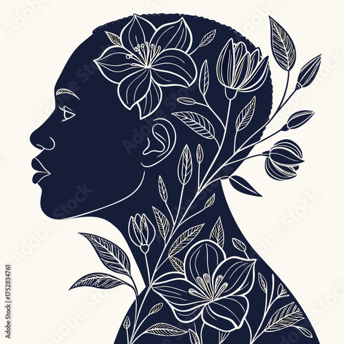 Elegant silhouette profile of a woman s head and neck adorned with blooming flowers and leaves in outline style