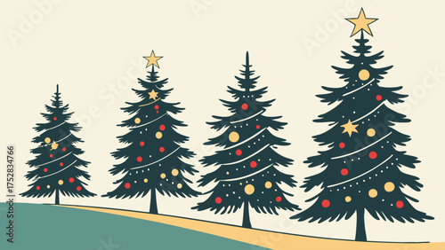 Four Festive Christmas Trees Growing in Size with Holiday Decorations and Star Toppers for Seasonal Marketing and Winter Celebrations