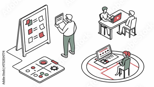 Isometric Digital Team Planning Agile Projects, Collaborating on Software Development and Analyzing UX Design Data