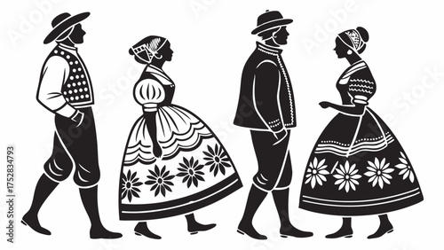 Traditional European Folk Dancers in Authentic Costumes. Cultural Heritage, Festival, Travel, and Event Marketing Graphics.