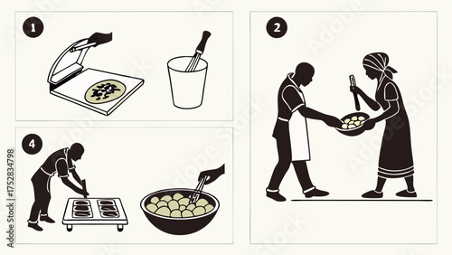 Step-by-Step Traditional Food Preparation. People Cooking and Sharing Homemade Dumplings. Cultural Recipe Illustration for Family Meals and Cooking Guides.