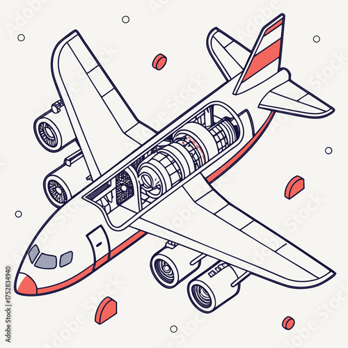 Isometric illustration of a cutaway airplane showing its internal jet engine and mechanical components with a clean modern design and coral accents
