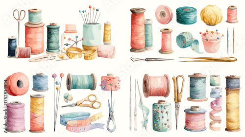Watercolor illustration of sewing and knitting supplies threads, scissors, needles, pins, and yarn. Perfect for crafting, DIY projects, or handmade design concepts.