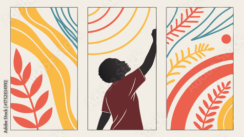 Empowered Child Silhouette Reaching Upward in Abstract Art. Youth Empowerment, Diversity, and Future Growth for Education and Web.