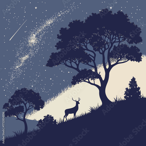 Majestic deer silhouetted against a starlit night sky with a vibrant milky way and shooting star over a serene landscape
