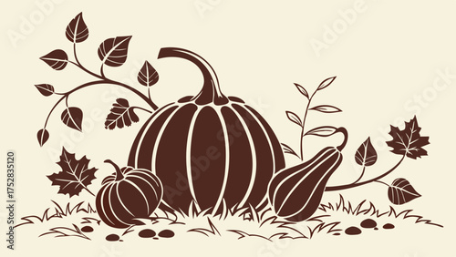 Monochrome Rustic Autumn Harvest Pumpkins Gourds Leaves Illustration Fall Season Decoration For Thanksgiving Marketing Design