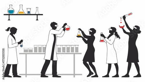 Focused Science Team in Lab Coats Conducting Chemical Experiments. Researchers and Students Collaborating for Innovation and STEM Learning.