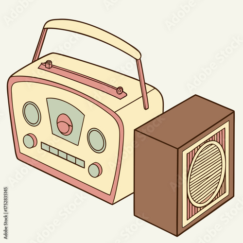 Retro portable radio with a separate speaker in a charming vintage illustration style with pastel colors