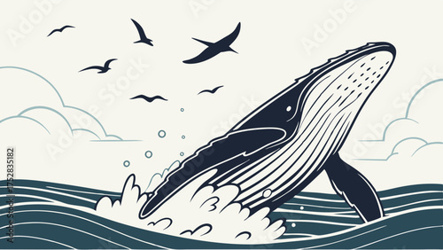 Majestic Humpback Whale Breaching from Ocean Waves with Soaring Seagulls. Dynamic Marine Life Illustration for Nature, Travel, Education.