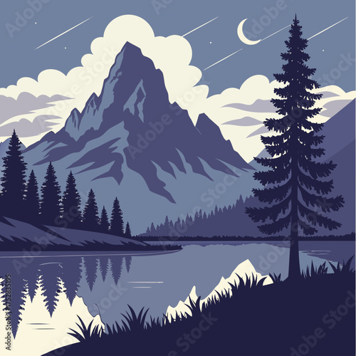 Serene mountain lake landscape at dusk with crescent moon and shooting stars over pine forest