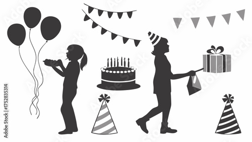 Happy Birthday Party Celebration Silhouettes. Kids and Adults with Festive Balloons, Cake, Gifts, Party Hats. Event Invitations, Promotion Design.