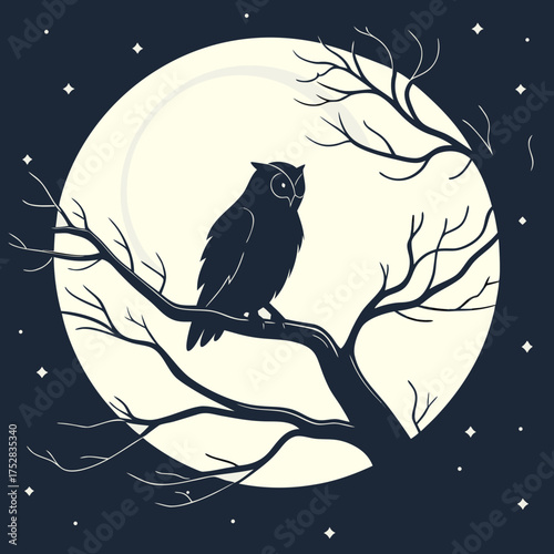 Silhouette of an owl perched on a bare tree branch against a large full moon and starry night sky