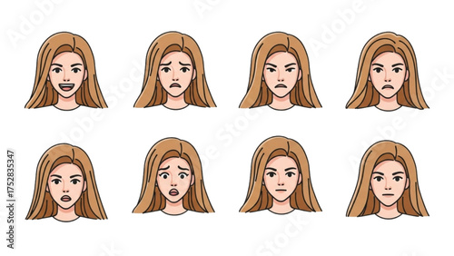 Illustrated set of a young woman's facial expressions showcasing a diverse range of human emotions and feelings