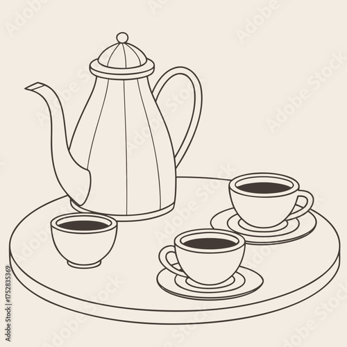 Simple line art drawing of a coffee pot with three cups and saucers filled with coffee on a round tray
