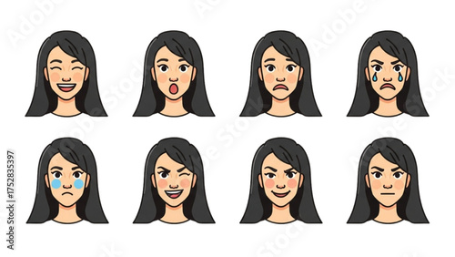 Collection of cartoon female faces showing various emotions and expressions