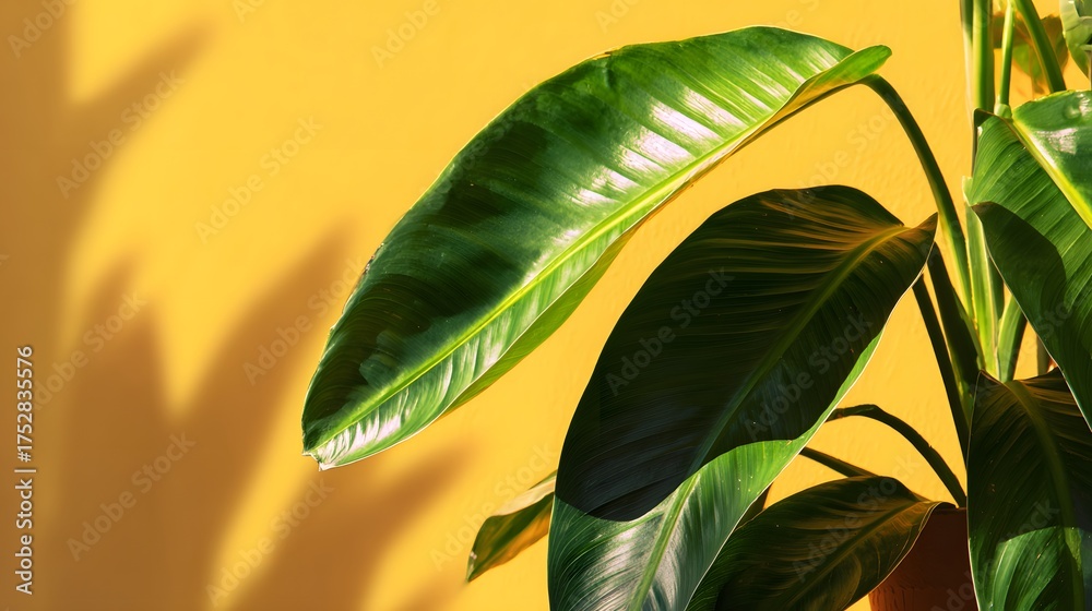 Obraz premium Lush green leaves cast shadows on a vibrant yellow wall.
