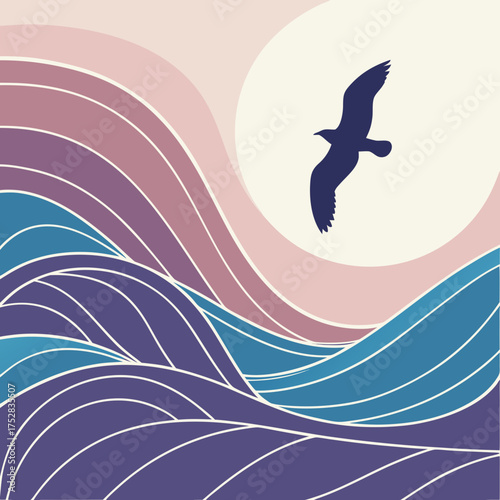 Stylized silhouette of a dark blue bird soaring over abstract wavy ocean lines and a pastel colored sky