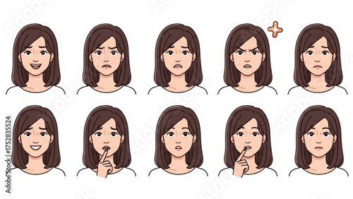 Collection of Female Character Facial Expressions and Emotional Gestures Set for Diverse Communication