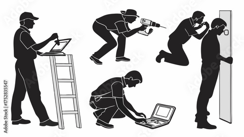 Skilled Service Technicians Silhouettes Performing Installation Repair and IT Support Diligently Focused on Business Maintenance