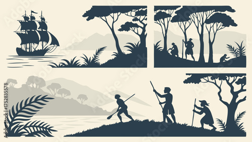 Ancient Expedition Silhouettes Sailing Ship and Explorers Discovering Tropical Lands for History Education and Adventure Travel