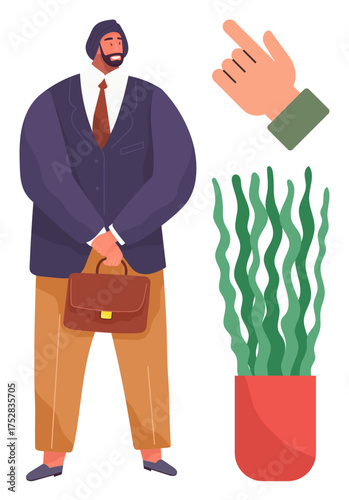 Businessman in a suit holding a briefcase, green plant in a red pot, and a hand gesture pointing upward. Ideal for career, business, leadership, office, professionalism, decision-making corporate